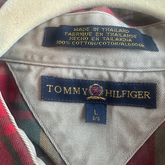 Vintage 90s Tommy Hilfiger Shirt Men Large Denim Plaid Red Button Down Shirt L - Picture 3 of 7